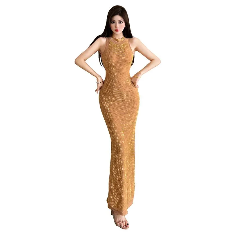 Sleeveless Hollow Out Bright Diamond Slim Fish Tail Dress