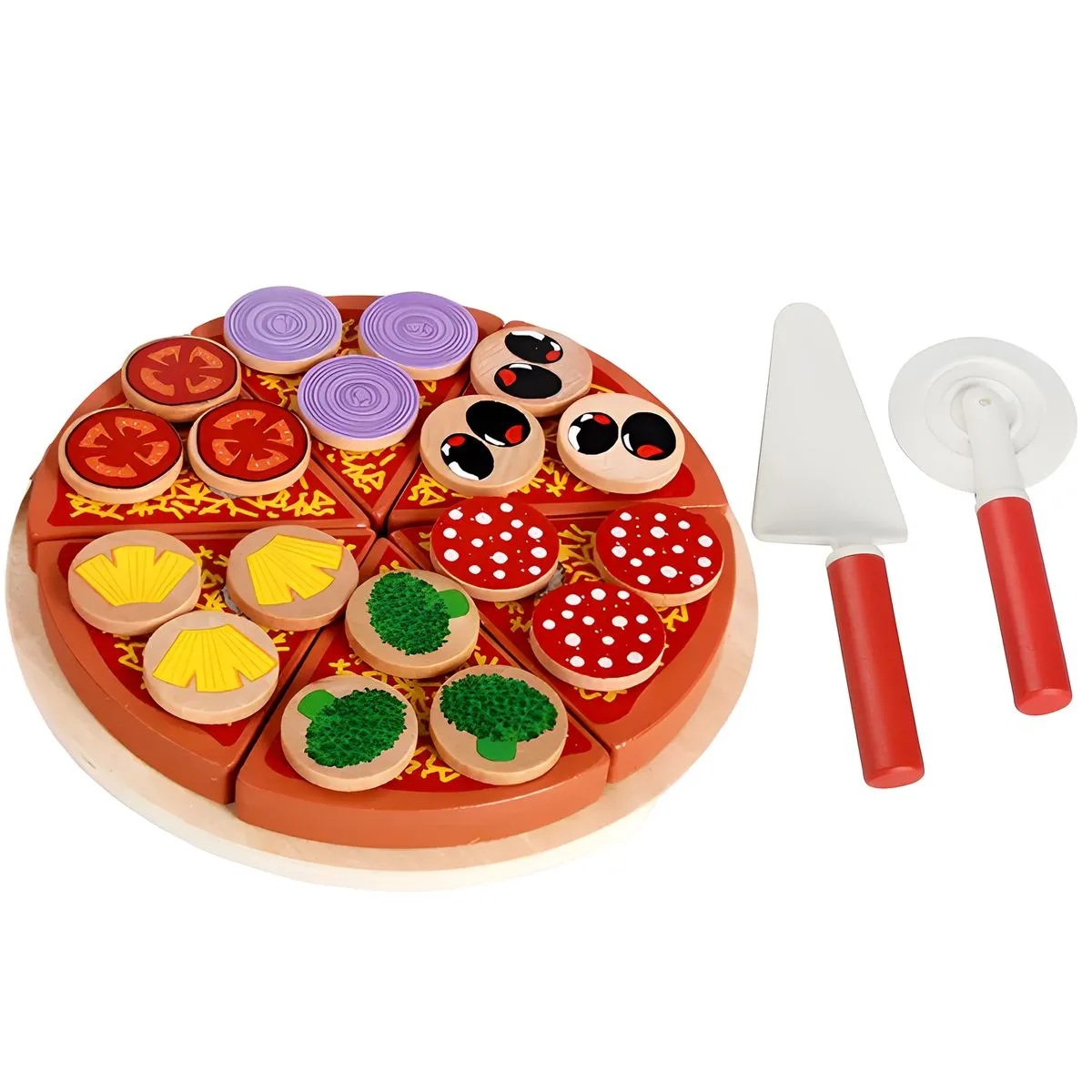 Wooden Pizza Toy Kids Pizza Party Cutting Play Food Set with Spatula Cutter - Brown