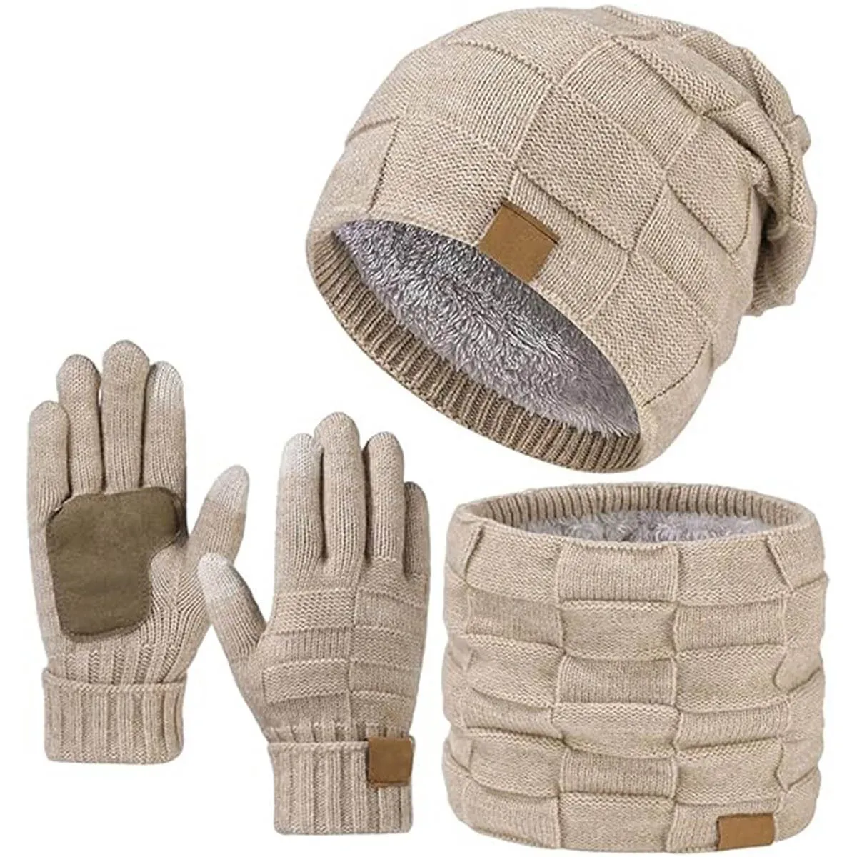 3 Pack Winter Warm Knit Beanie with Touchscreen Gloves and Neck Warmer Set