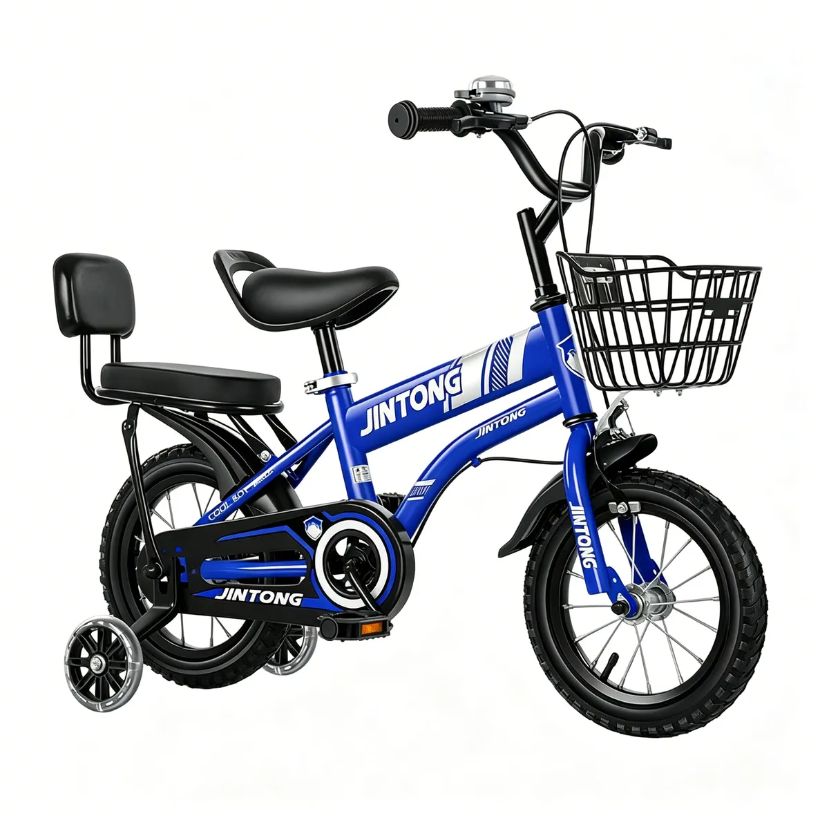 Boys Girls Kids Bicycle with Light-Up Training Wheels, Basket, Carrier Seat - Blue