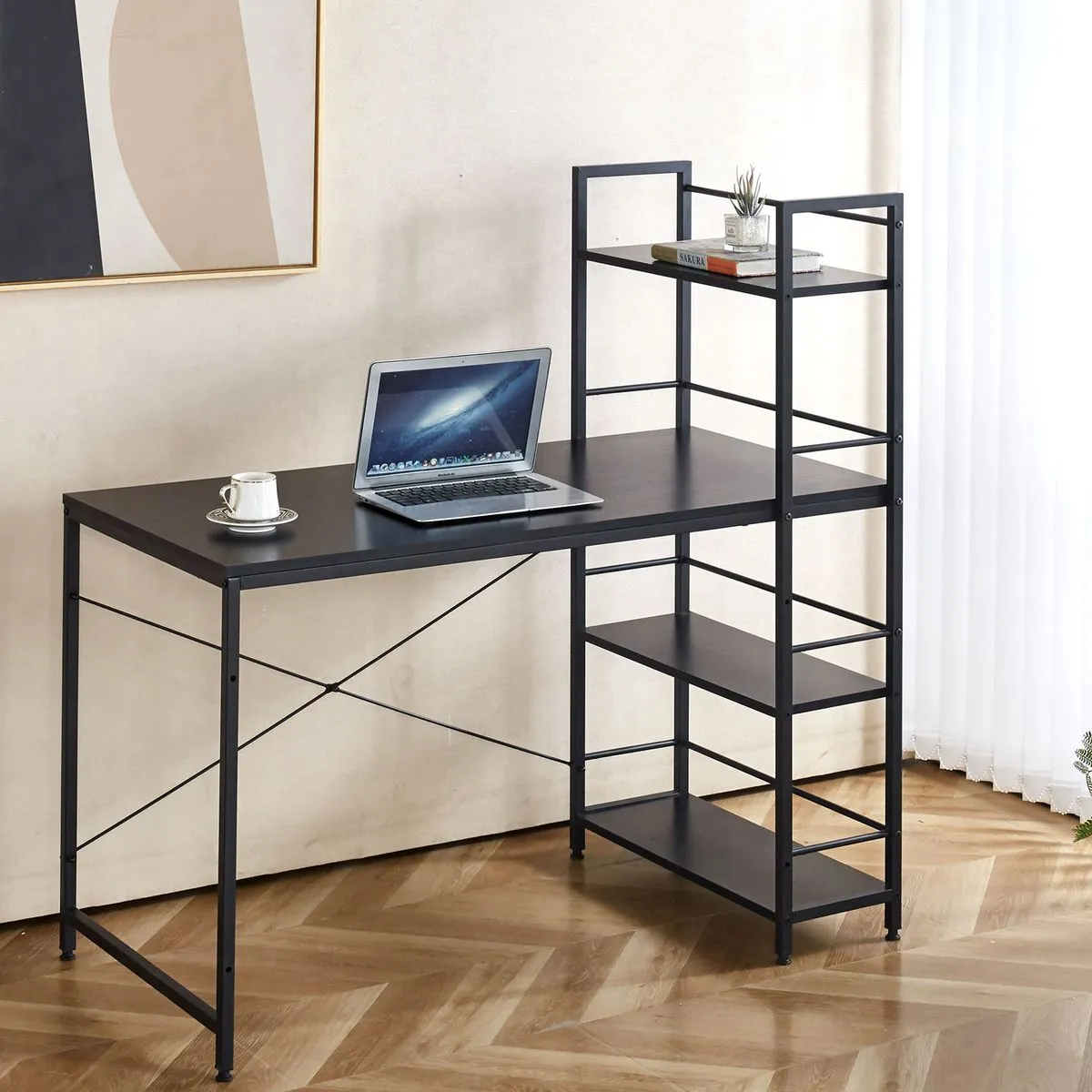 Computer Table with Storage Shelves Study Corner Desk Gaming Writing Table - Black