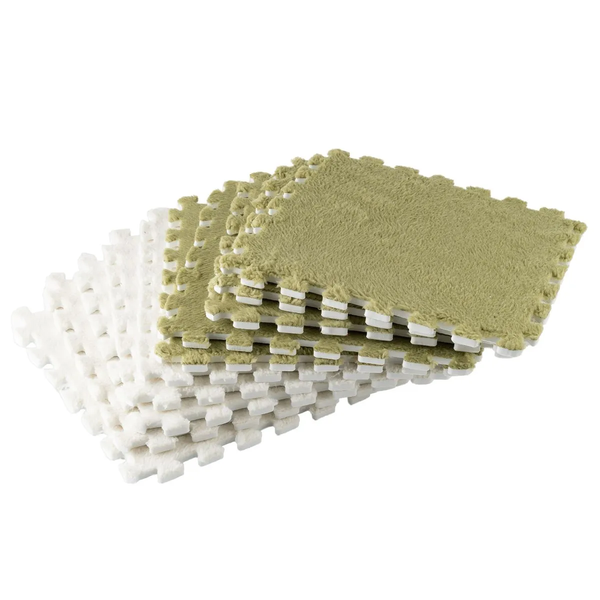 10pcs Plush Puzzle Foam Floor Mat,Cute Soft Interlocking Square Foam Carpet - Green-White