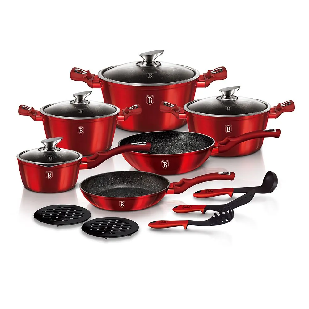 Berlinger Haus 15-Piece Marble Coating Non-Stick Cookware Set - Burgundy