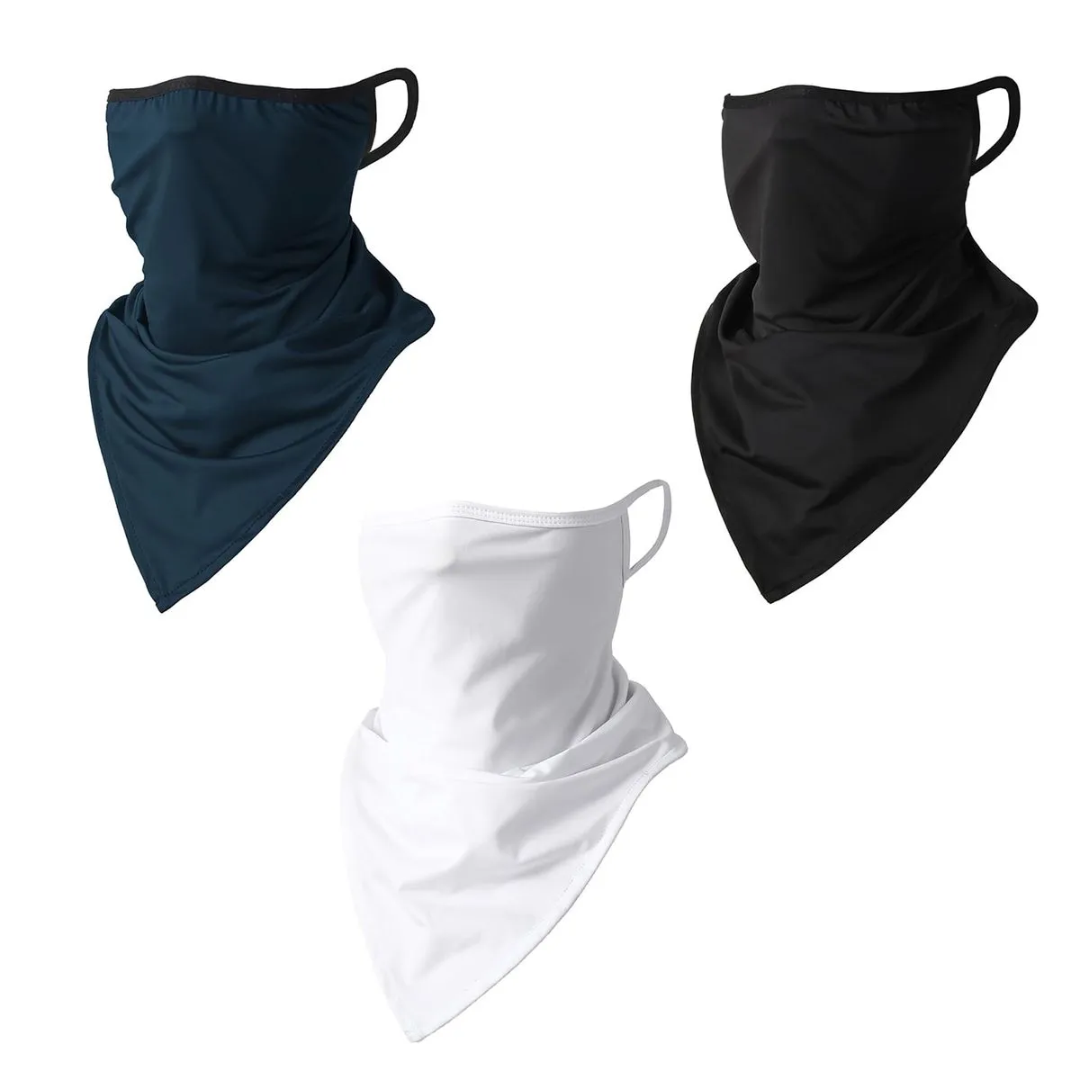 3 Pk Neck Gaiter with Ear Loops Balaclava Sun Protection Bandana Face Mask - White + Black + Navy B…