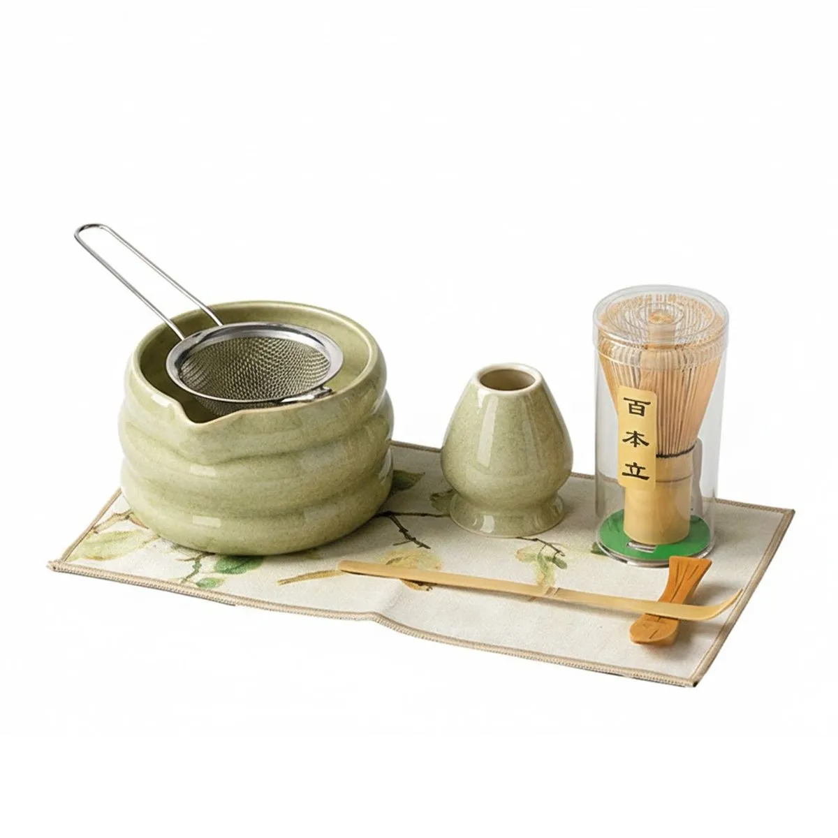 7 Piece Ceramic Bowl & Bamboo Kit ,Matcha Whisk Set - Matcha color