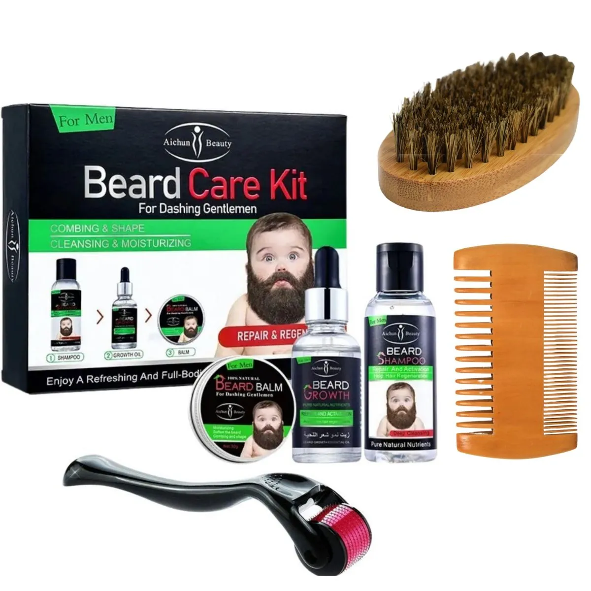 Aichun Beauty Beard Care Products, Beard Brush, Comb And Derma Roller