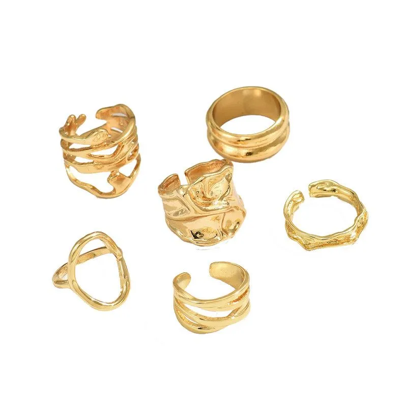 JZ1329 Gold Irregular Design Open Ring Set - 6 Piece