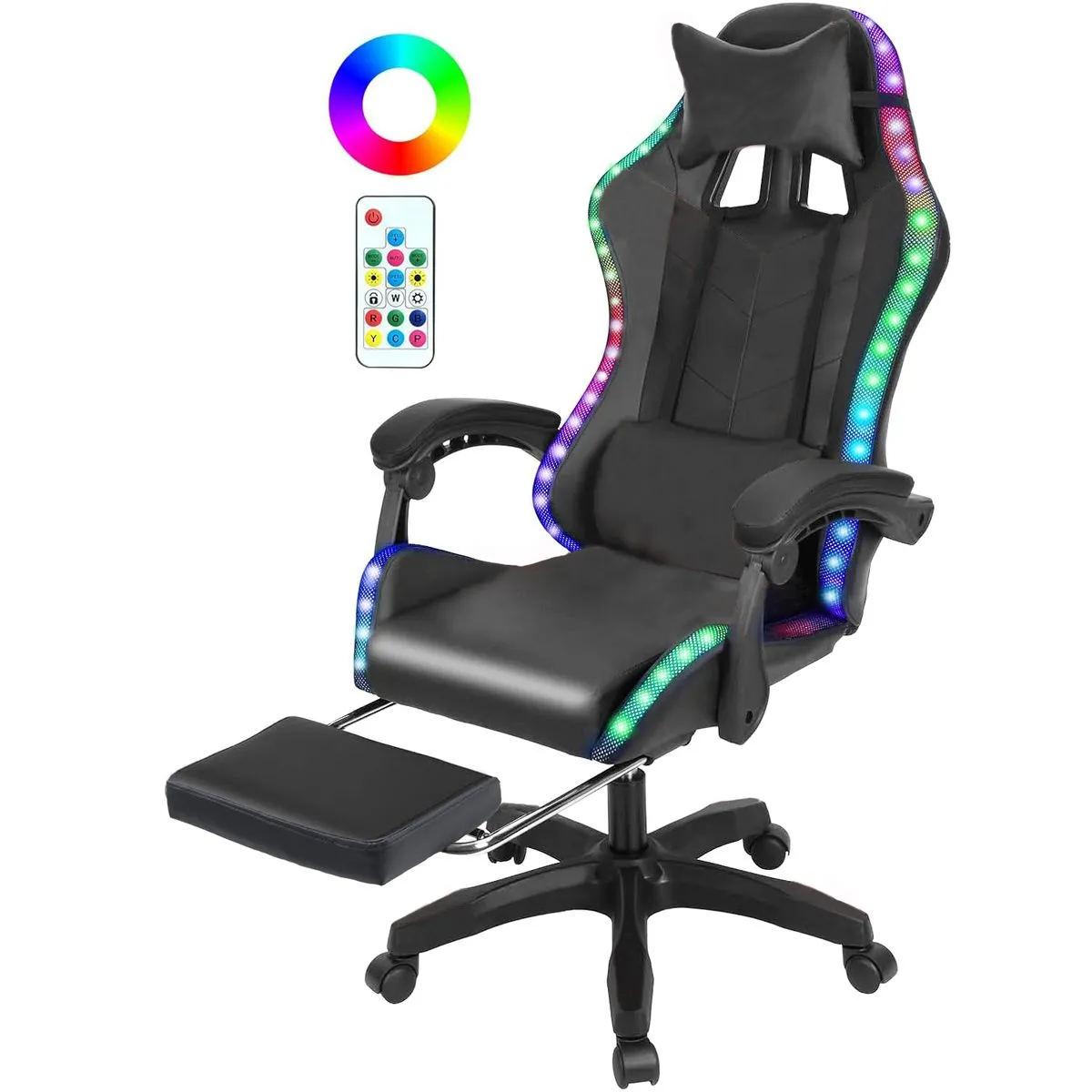Ergonomic Gaming Chair with Footrest LED RGB Office Chair Computer Chair - Black