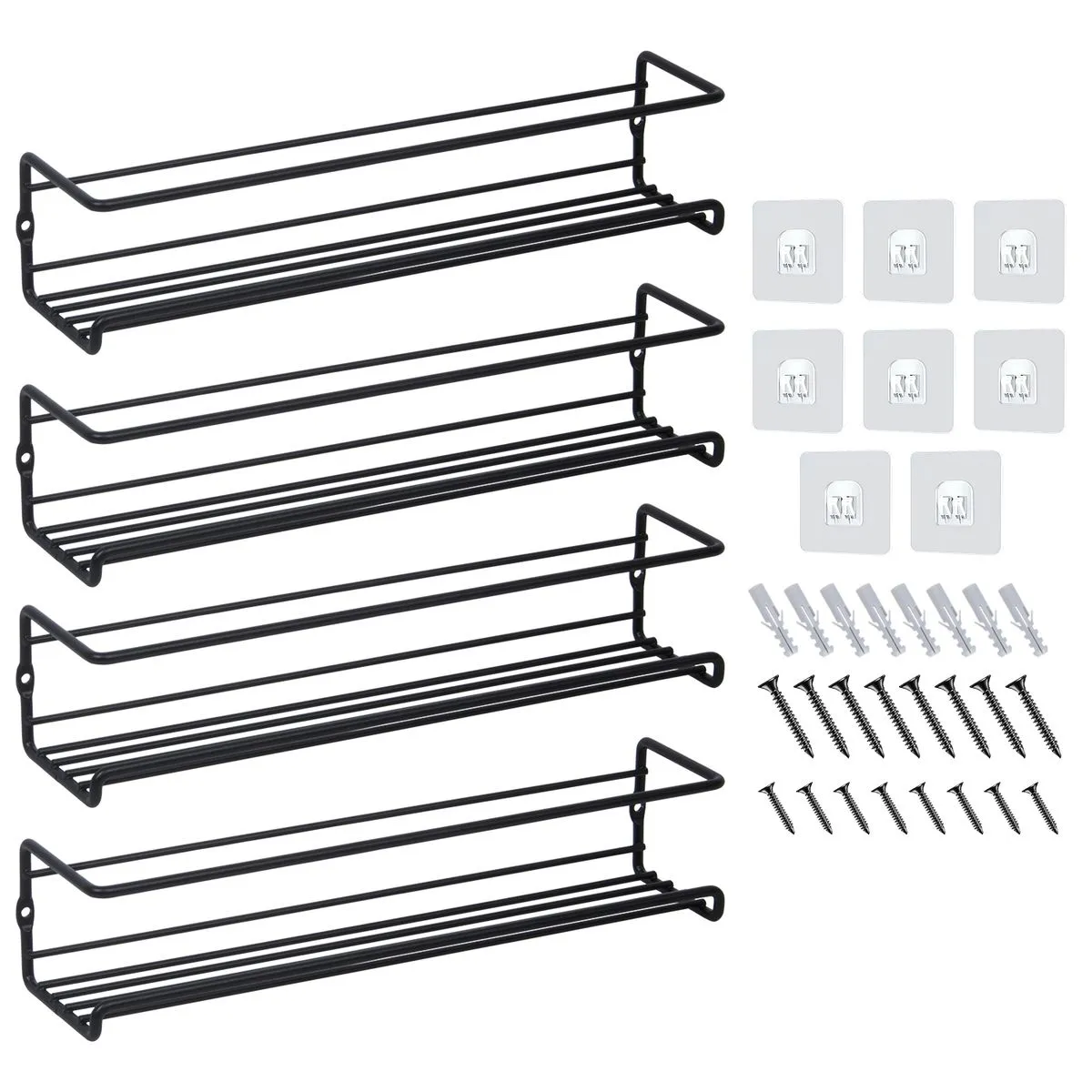 Kitchen Holder Spice Organizer Rack Wall Mounted 4-Piece Set - Black