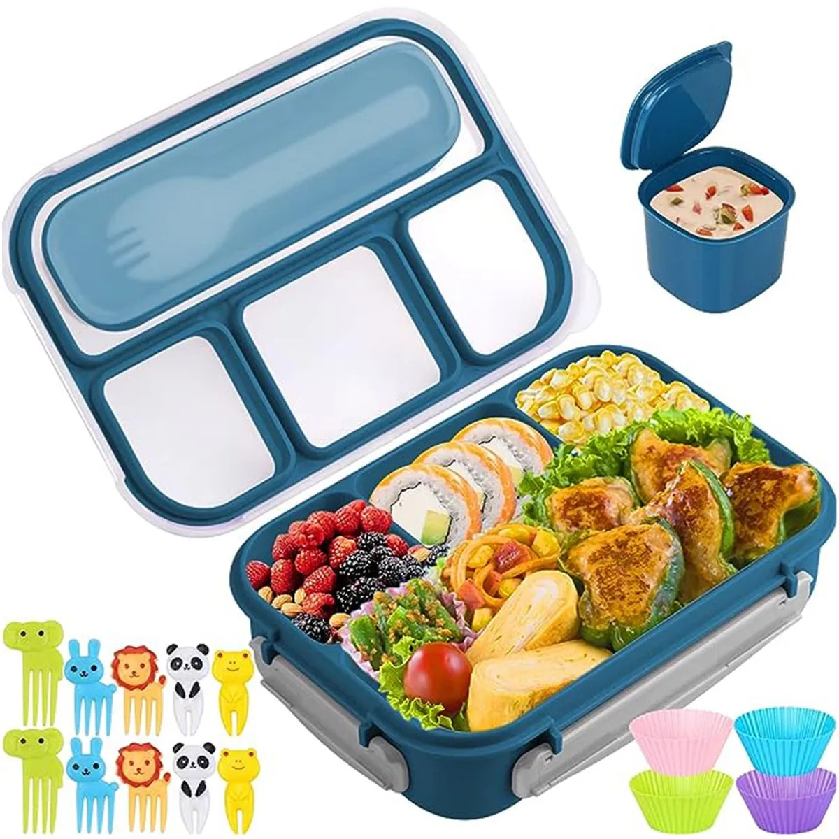 16Pcs 4-Compartment Bento Box Set Lunch Box with Food Picks Cake Cups -1.3L - Blue
