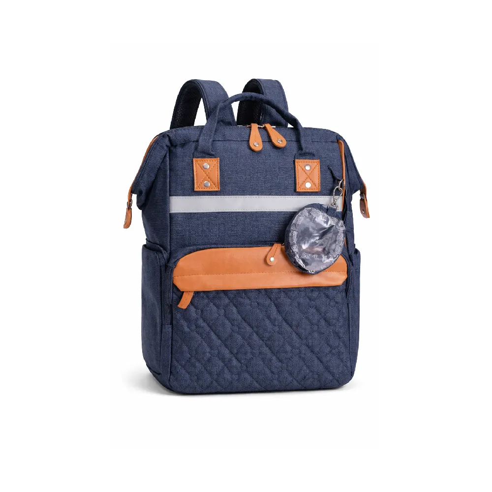 MommyBaby Diaper Bag for Outdoor Travel NavyBlue with Brown Leather Accents