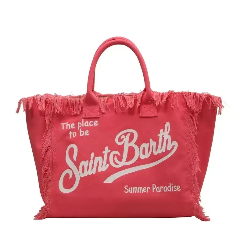 Women's Pink Tassel Canvas Tote Shoulder Bag Large Beach Bag