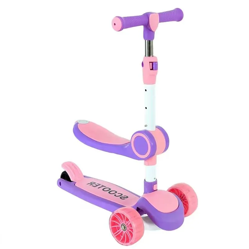 Scooter LED Wheel Lights Adjustable Lean Steer Bar Foldable Seat Sit Stand - Pink, Purple