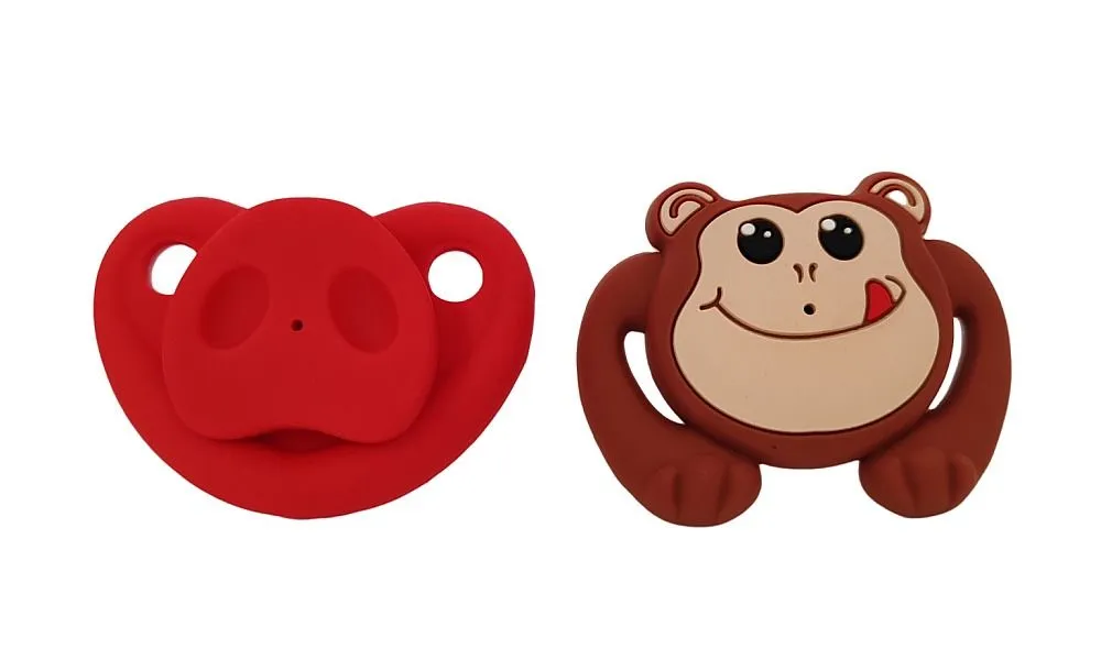 Funny Dummy Pacifiers For Babies - 2 Pack Silicone Monkey & Pig Design