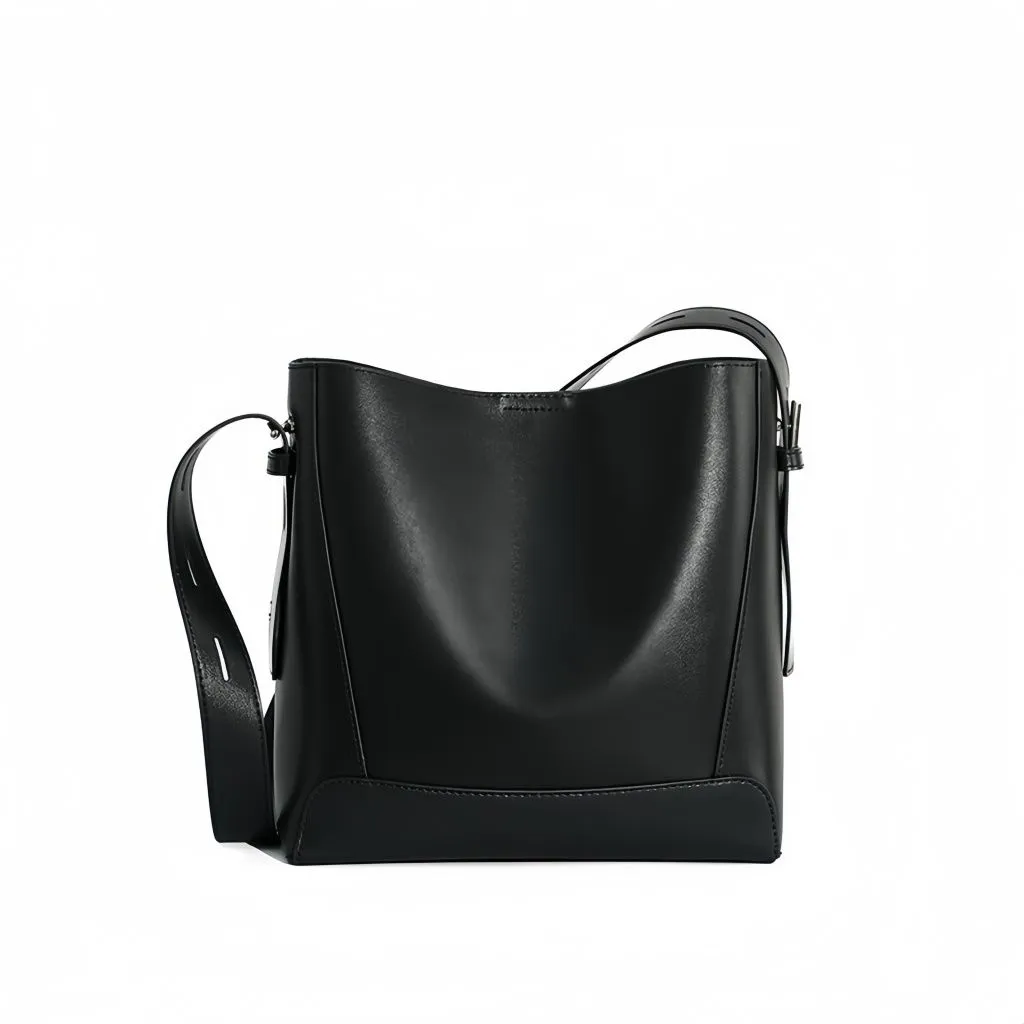 Women's Genuine Leather Bucket Bag, Minimalist Shoulder Crossbody - Black