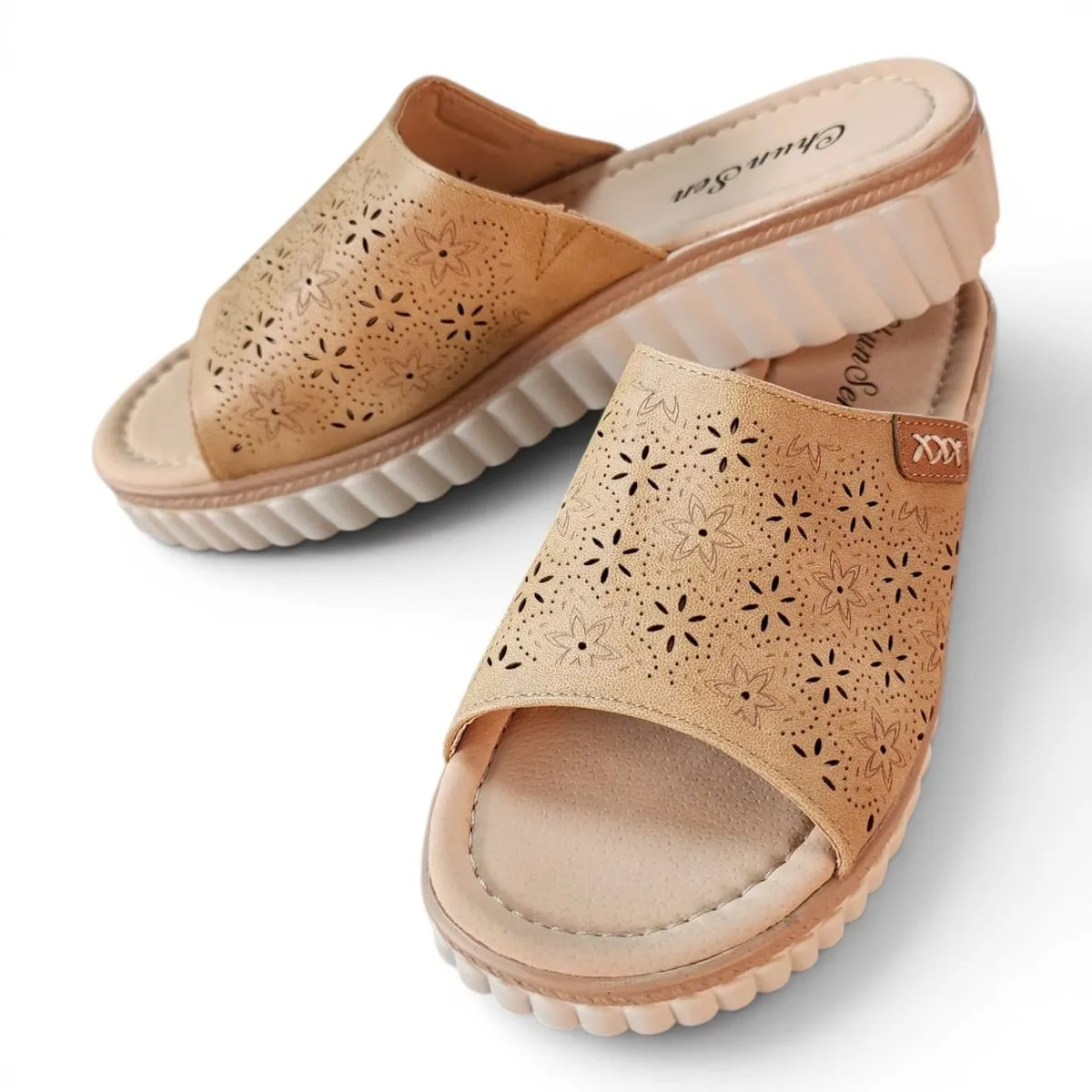 Ladies PU Leather Comfort Slide Sandals - Brown Floral Cut-Out Design