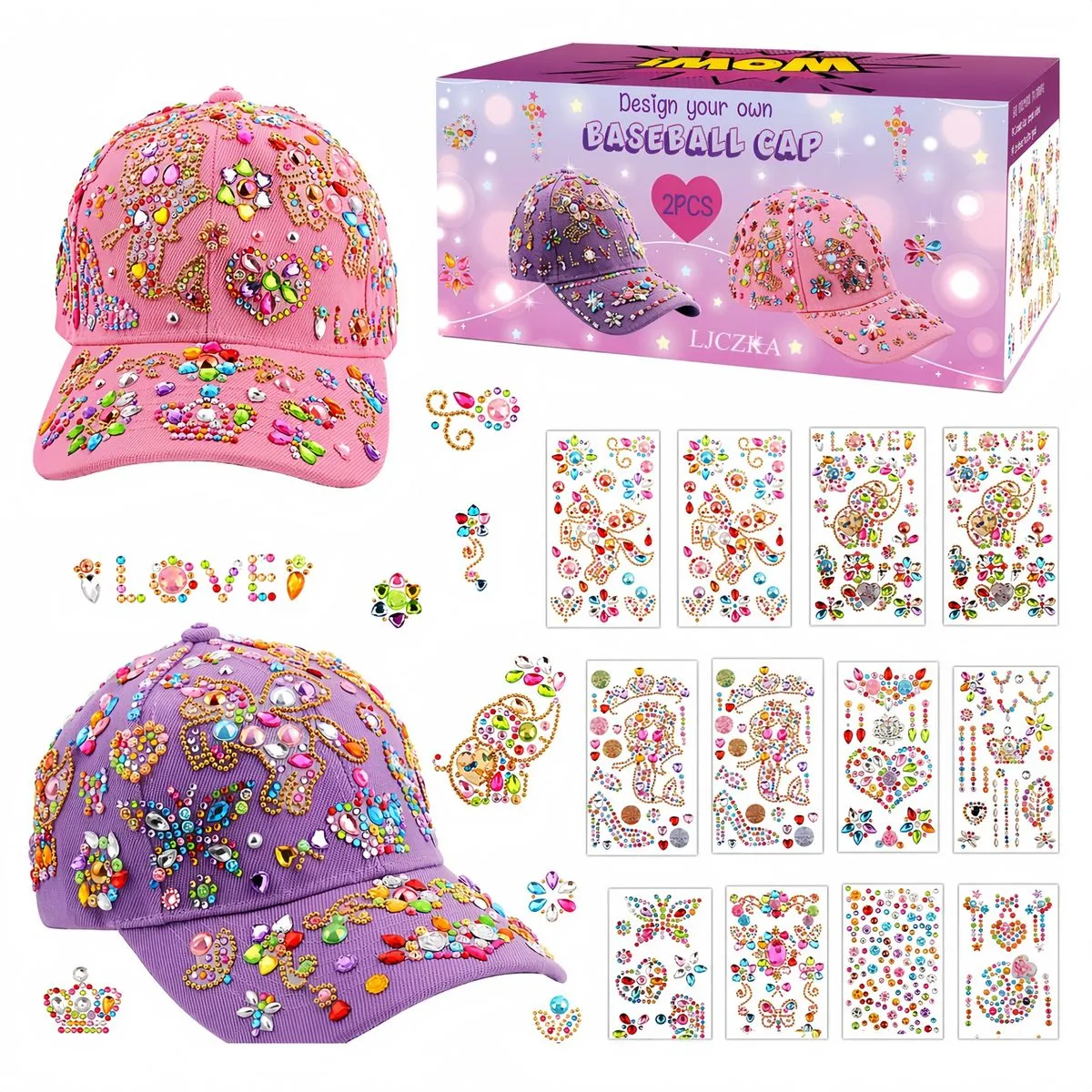 LJCZKA 2 Pack DIY Baseball Cap Craft Kit W/ Gem Stickers For Girls Age 4-12