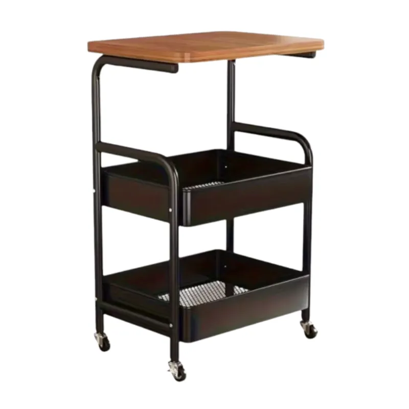 2-Tier Rolling Storage Trolley with Wooden Top - Utility Cart - Black