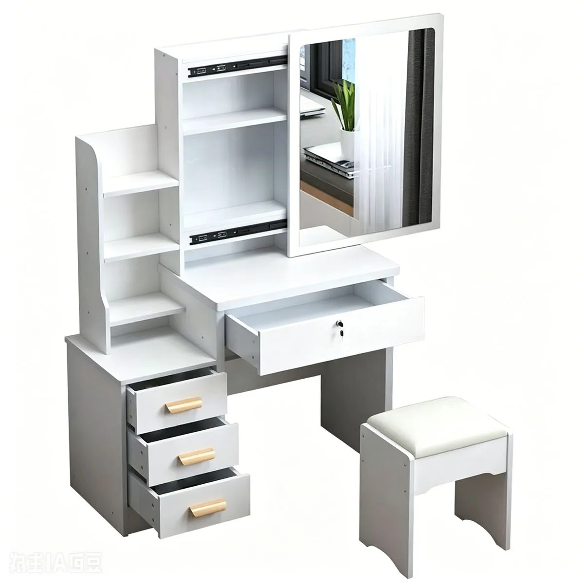 Modern White Dressing Table with 3-Color LED Touch Mirror and Stool