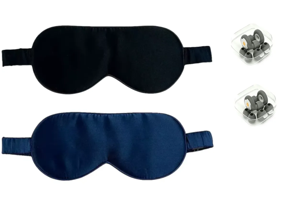2 x IPSTYLE Sleep Mask & Earplus 100% Mulberry Silk Sleep Eye - Black, Blue