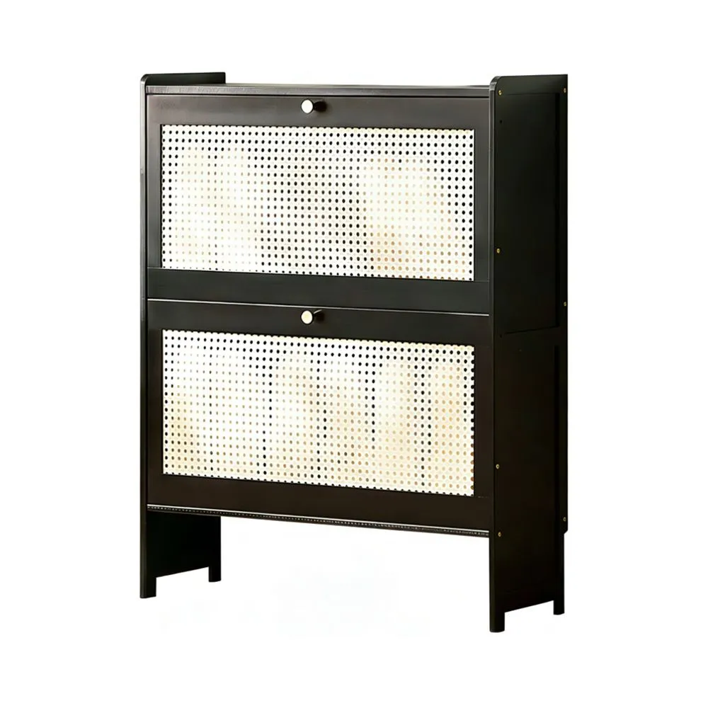 2-Layer Flip-Top Shoe Cabinet Narrow Storage Cabinet Rattan Doors Shoe Rack - Black