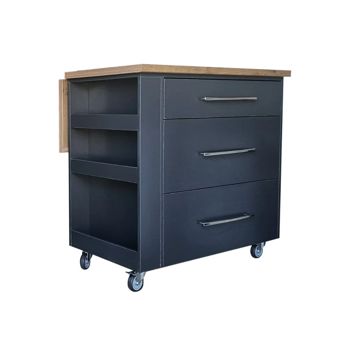 Large Kitchen Island on Wheels with Fold-Out Table and Drawers - Midnight - Kalahari