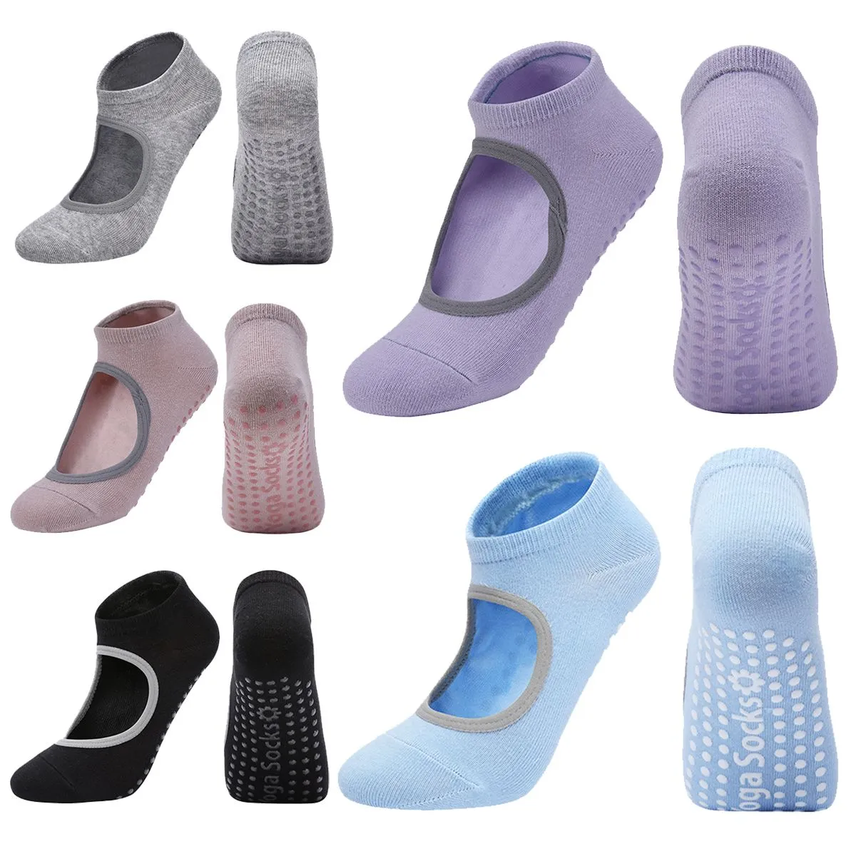 Non Slip Yoga Socks with Grips Pilates,Ballet,Barre Socks Multi-Colour 5 Pack - purple+blue+gray+pi…