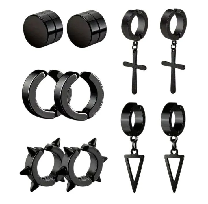 Premium 10-Piece Unisex Non-Piercing Black Earring Set - 5 Pairs
