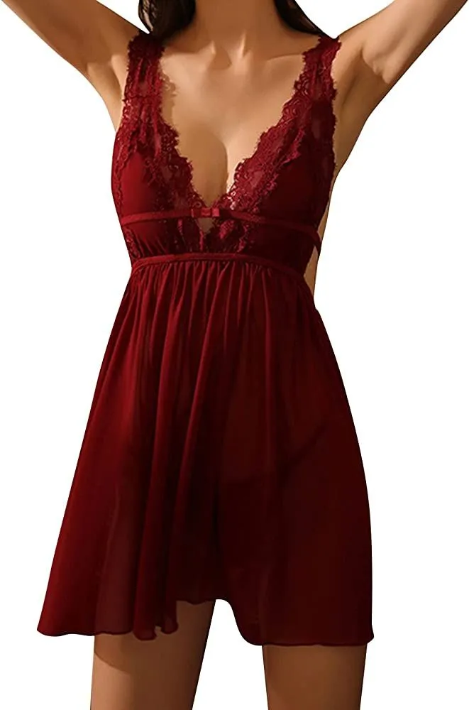 Women Red Open Back Negligee