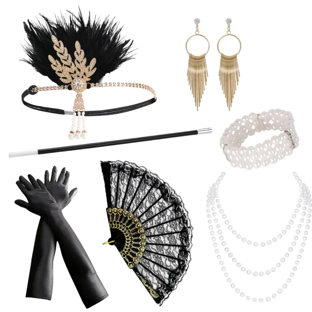Women's Cosplay 1920 Dress - Up Accessoies Set - 7 Piece - Gold