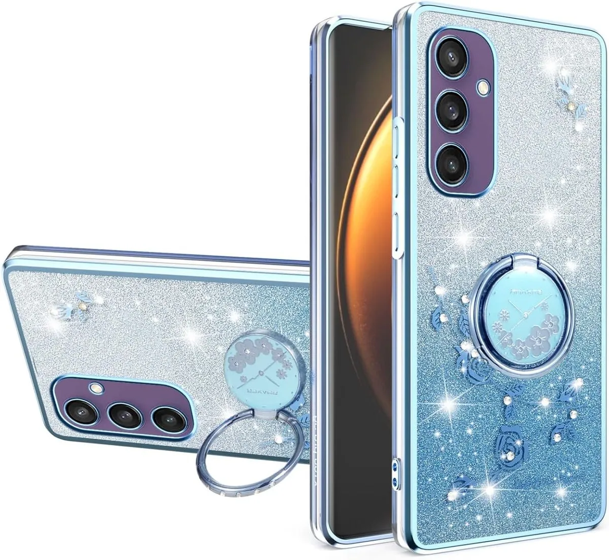 Bling Sparkle Flowers Phone Case Compatible With Samsung Galaxy S23 FE - Blue
