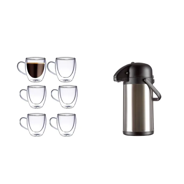 3 Litre Flask and Double Wall Glass Mugs Set of 6
