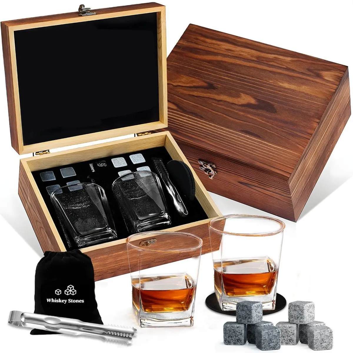 14pcs Whiskey Glasses & Whiskey Stones Gift Set Wooden Box for Men Dad