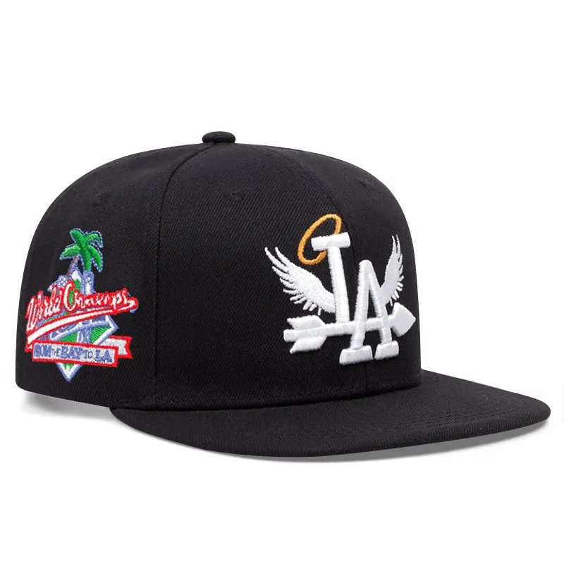 LA Letter Wing Embroidery Flat Brim Cap Unisex Street Dance Hip-Hop Hat - Black