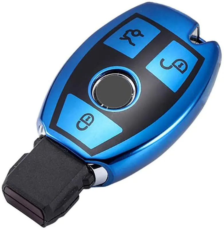 TPU Key Cover for Mercedes Benz - Keyed Start - Metallic Blue & Piano Black