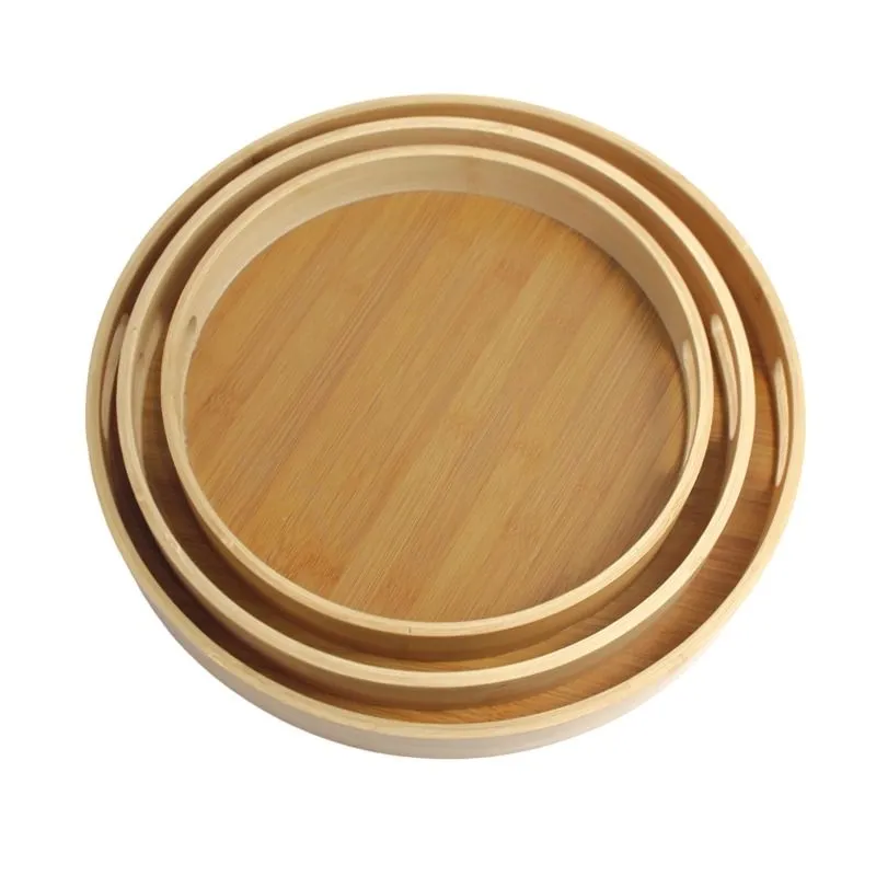 3-Piece Multi-Use Round Bamboo Serving Trays With Handles