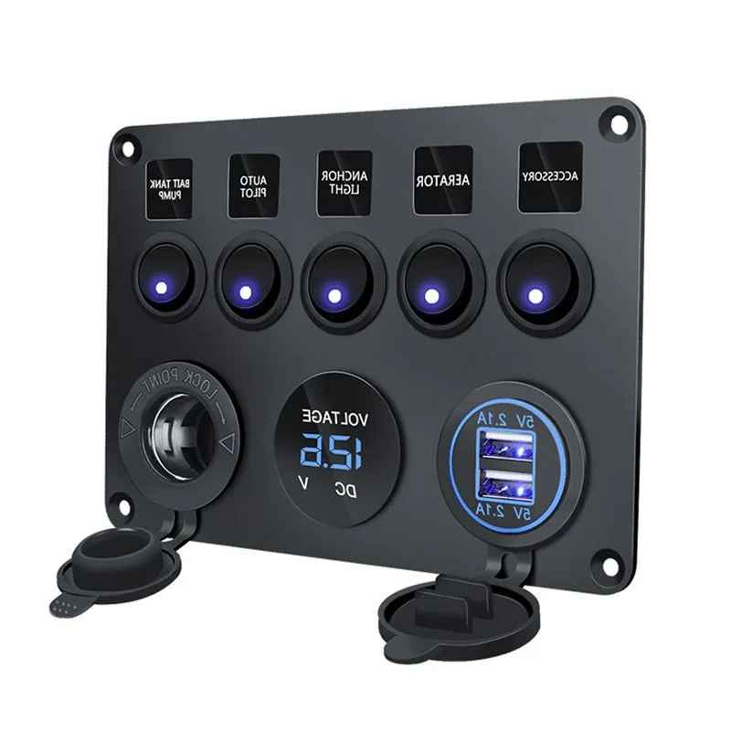 5 Switches Multifunctional 5 Gang Car Charger Panel Dual USB Voltage Gauge