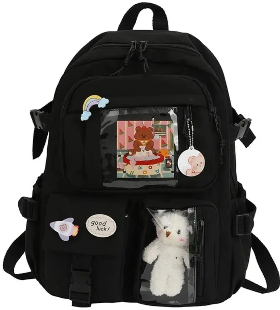 School Backpack Sweet Waterproof School Travel Bags Zipper - Black