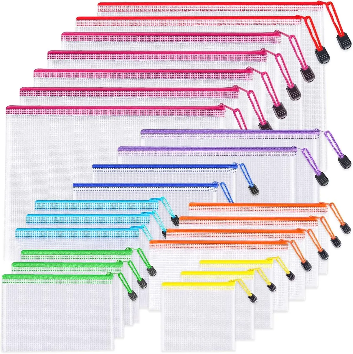24pcs Waterproof Mesh Zipper File Bags Clear Travel Pouches 8 Sizes 8 Color