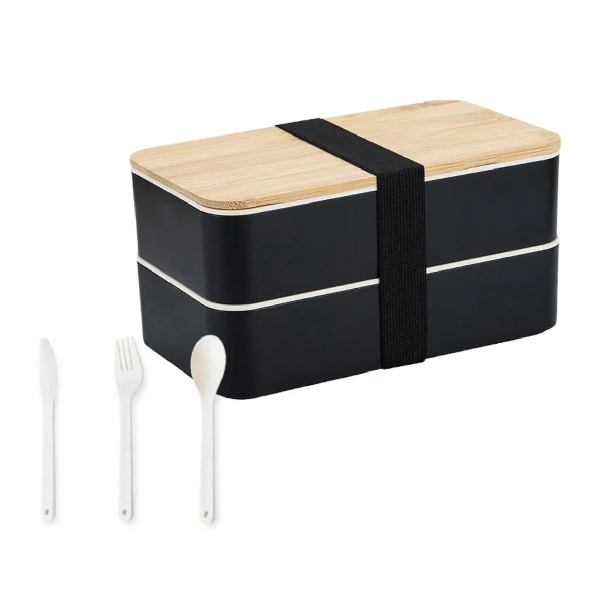 Double-layered Bamboo Lid Lunch Box Bento Box with Cutlery - 1600ml - Black