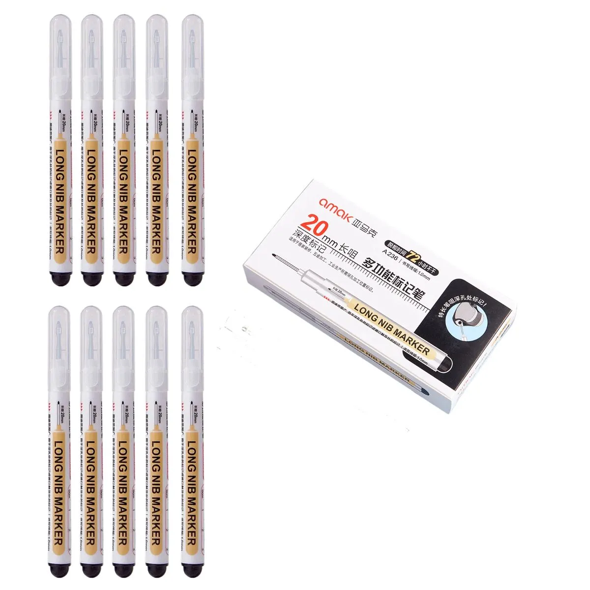 10 Pcs Long Head Markers Long Nib Deep Hole Pen, Colorful Carpentry Pen - Black