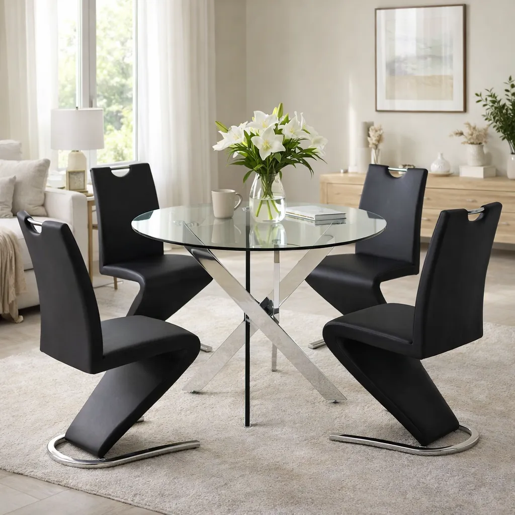 5-Piece Modern Round Glass Dining Set - White & Chrome - Black, Silver