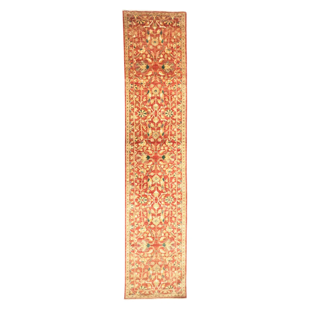 359 x 77cm Hand Made Vermilion Red & Beige Chobi Afghan Runner Rug