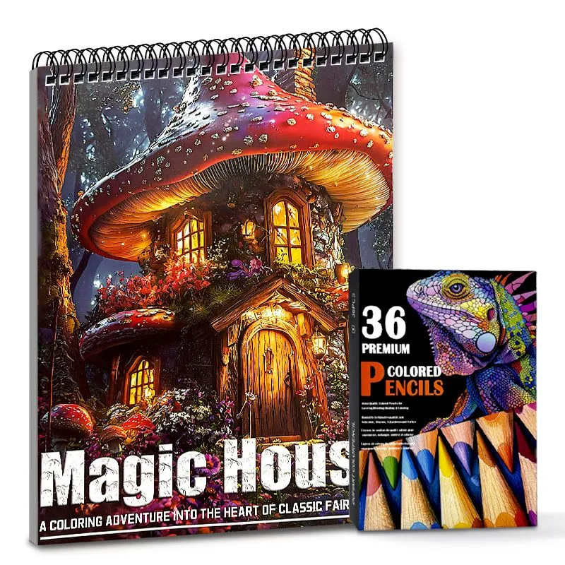 Stress Relief Magic House Spiral Coloring Book & 36 Premium Pencils
