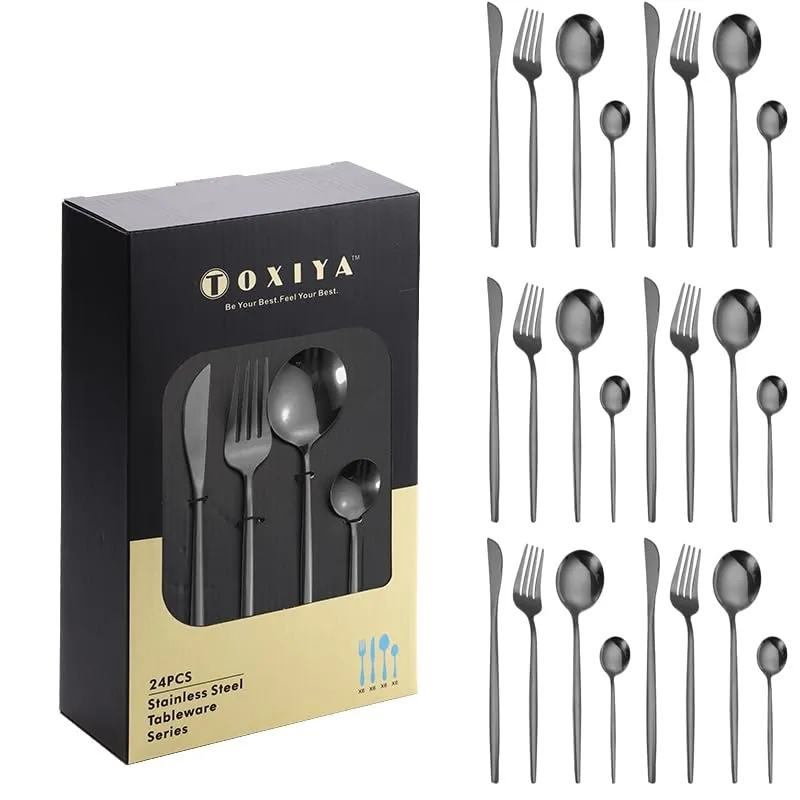 TOXIYA 24-piece stainless steel kitchen cutlery set, 6 people cutlery set - Black