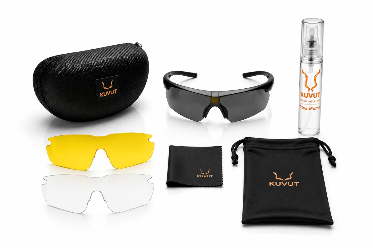 KuVut Eyewear Shooting Safety Glasses with Glass Cleaner - Black
