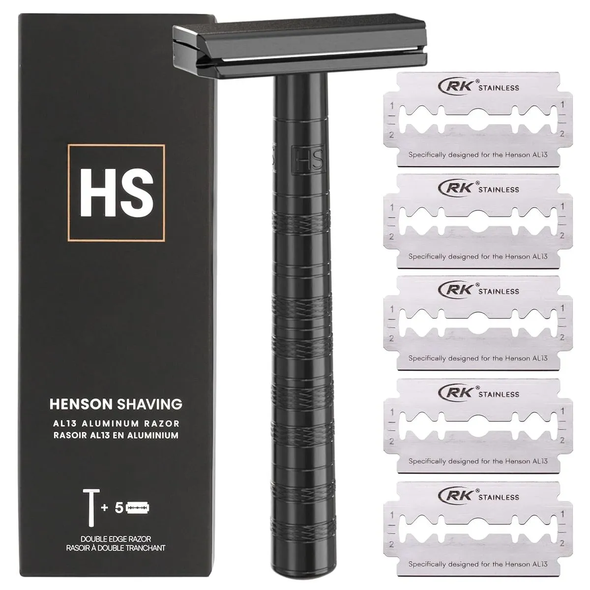 Henson Shaving Razor - Mild Double Edge Safety Razor with 5 Spare Blades - Black