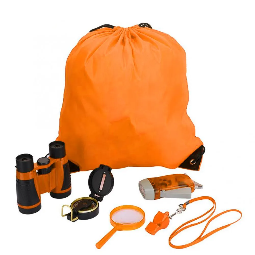 6 Piece Kids Outdoor Binocular Compass Exploration Set Toy Adventure Kit - Orange