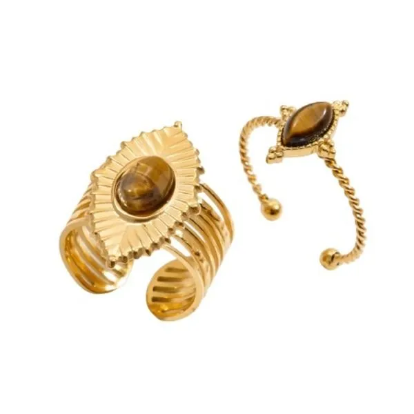 Elegant Gold-Plated Stainless Steel Ring Set with Tiger Eye Stone Design