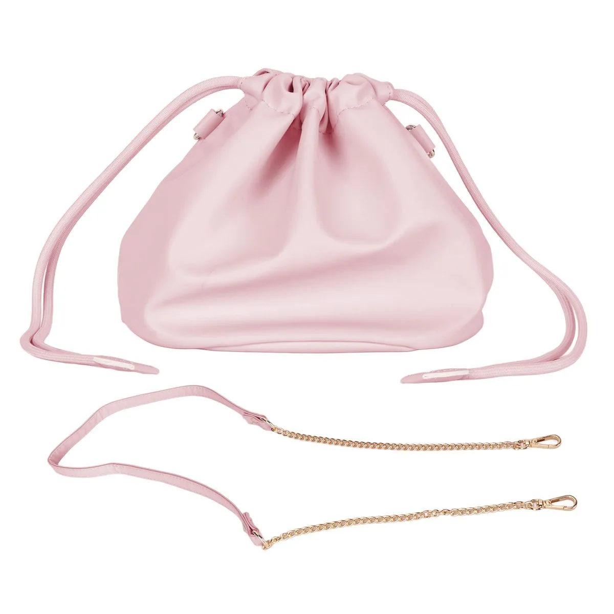 Pink drawstring pouch with strap